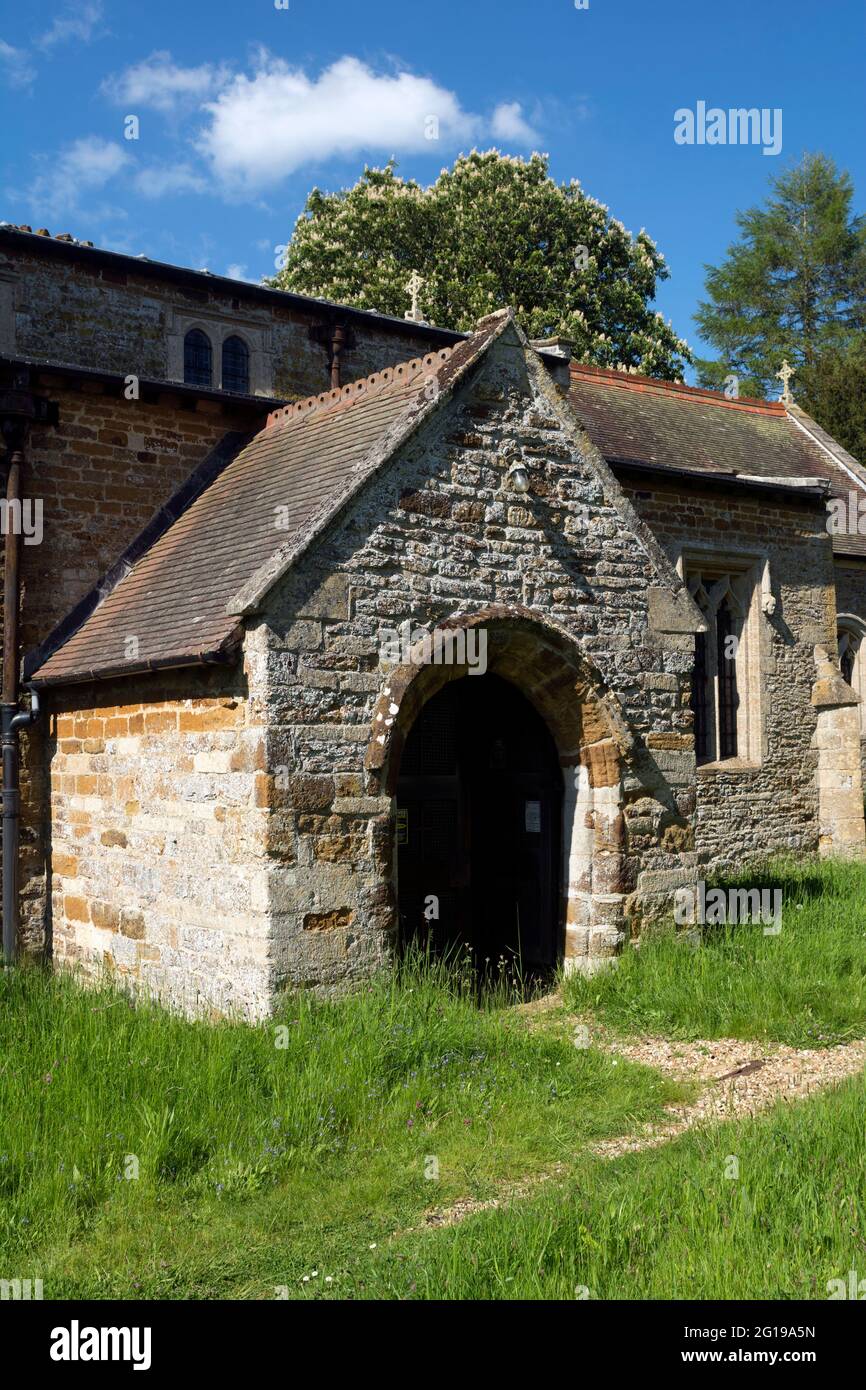 The south porch, St. Catherine`s Church, Draughton, Northamptonshire, England, UK Stock Photo